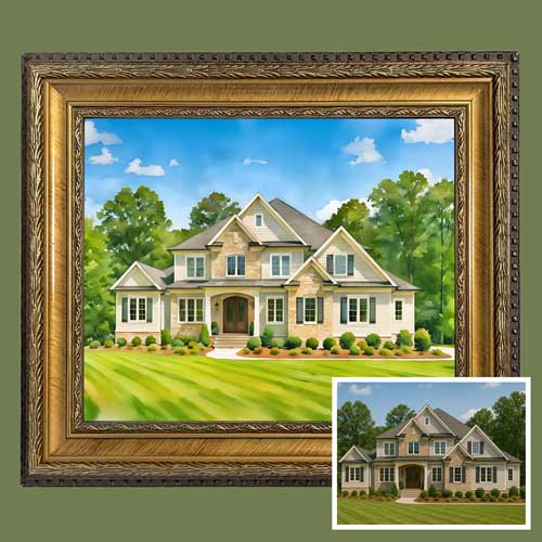 Click to Enlarge Watercolor house in an ornate gold frame