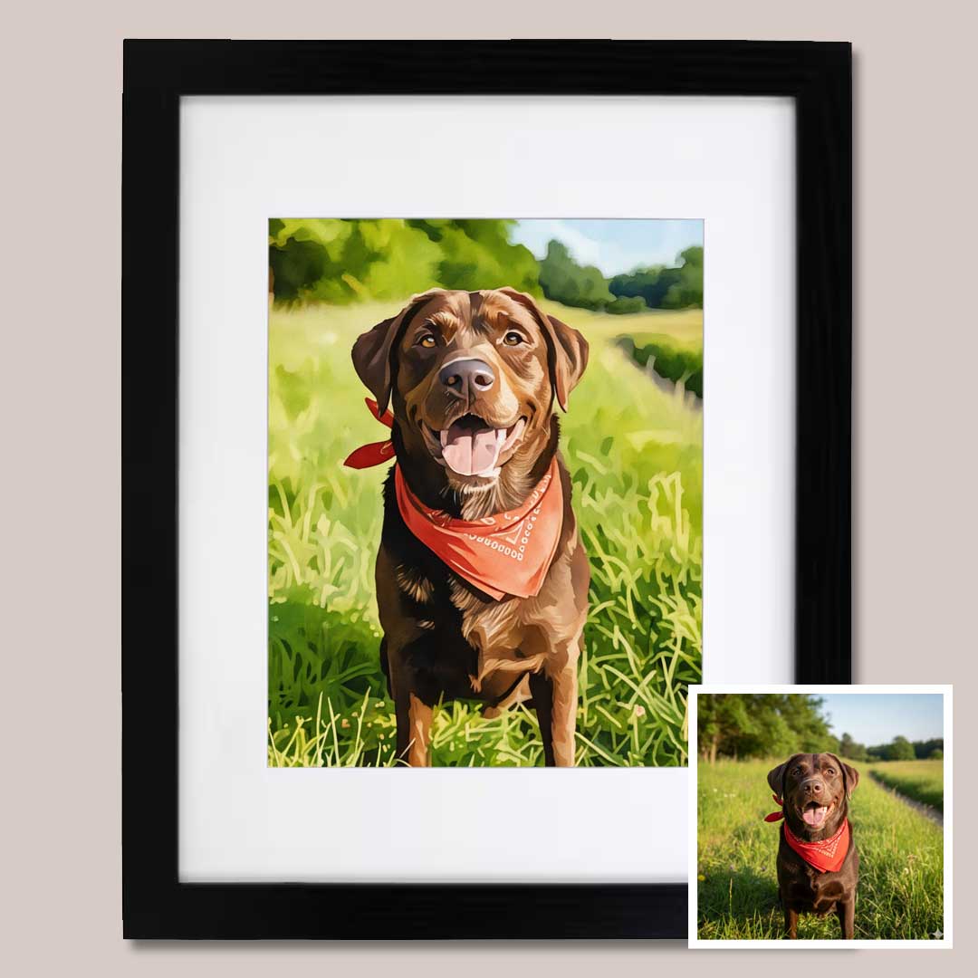 Watercolor portrait in a slim black frame