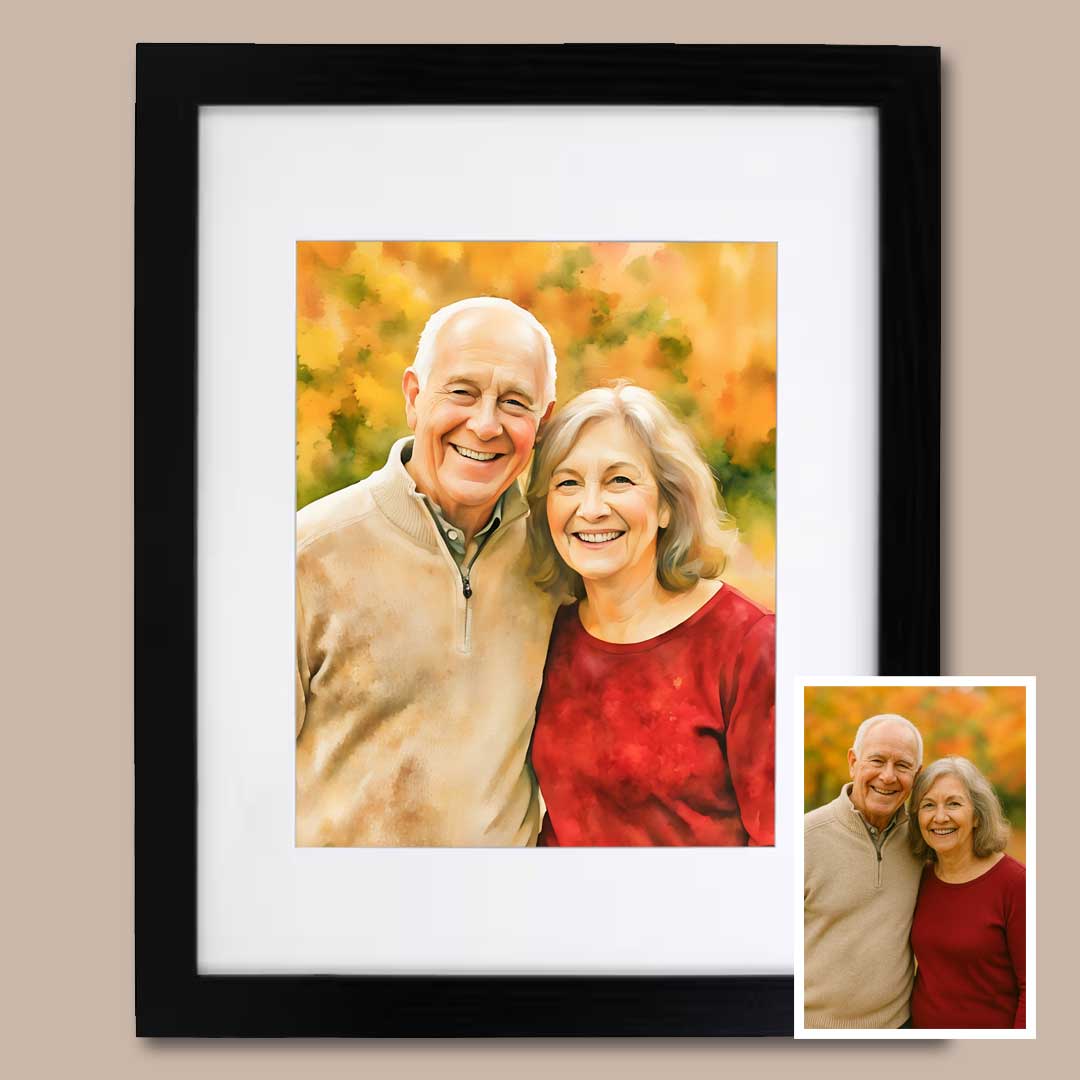 Watercolor portrait in a slim black frame