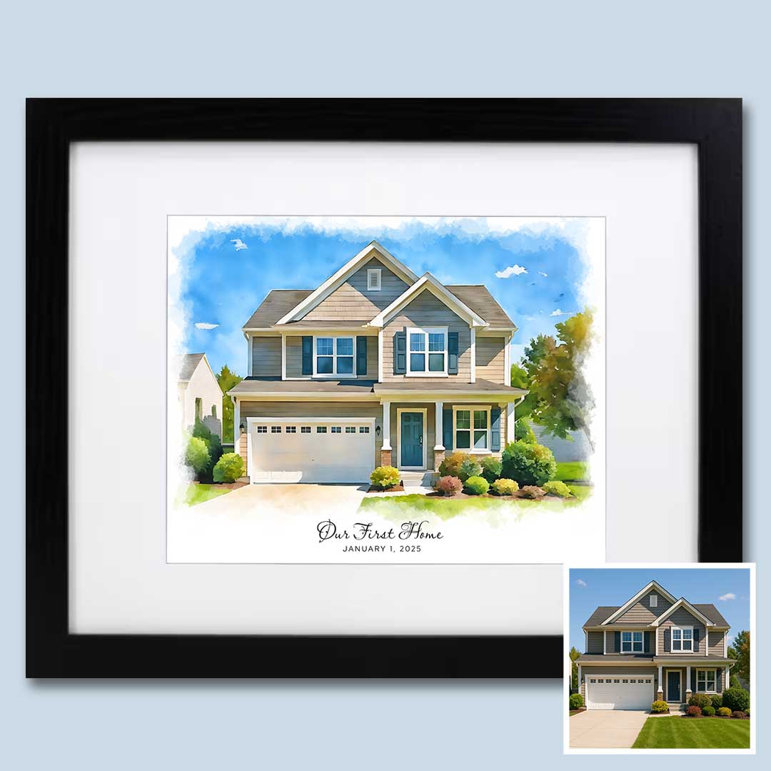 Watercolor house in a slim black frame