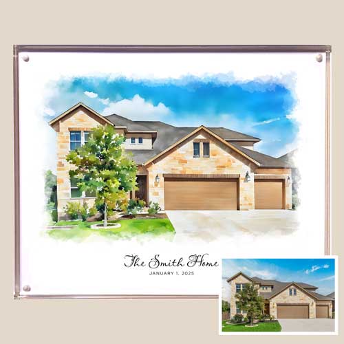 Click to Enlarge Watercolor house in an acrylic frame