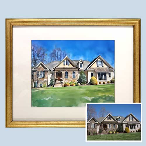 Click to Enlarge Watercolor house in a slim gold frame