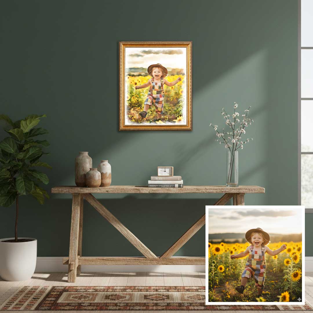 Watercolor portrait in a gold ornate frame