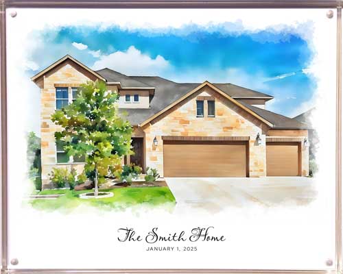 Watercolor house in an acrylic frame