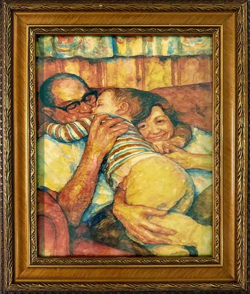 Watercolor portrait in an ornate gold frame