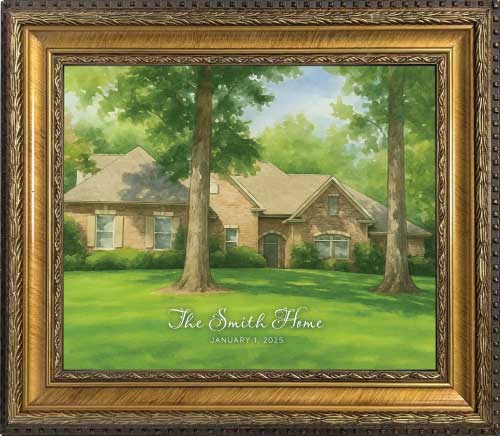 Watercolor house in an ornate gold frame