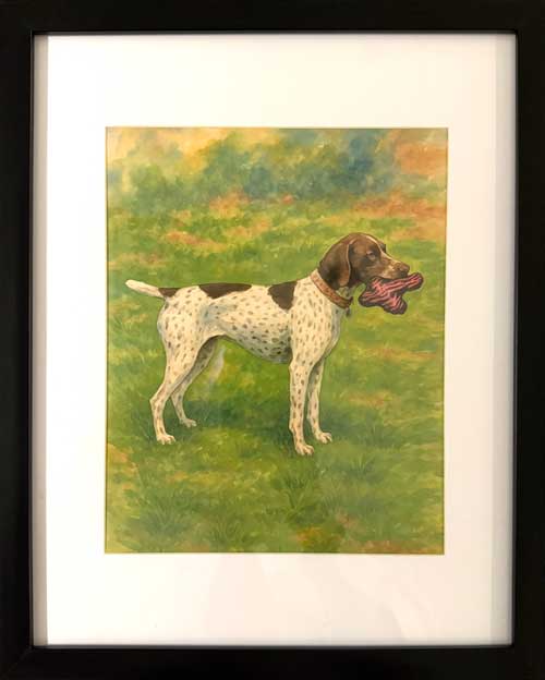 Watercolor portrait in a slim black frame