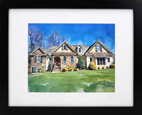 Watercolor house in a slim black frame