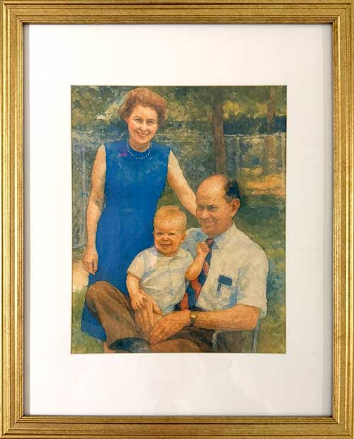 Watercolor portrait in a slim gold frame