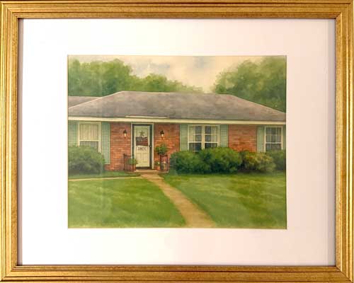Watercolor house in a slim gold frame